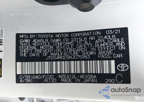 2021 Toyota Corolla Se from USA, damaged, VIN JTDS4MCE5MJ075983